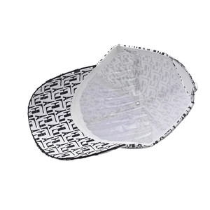 Detail view of houndstooth baseball cap interior with 100% polyester label and shape holder