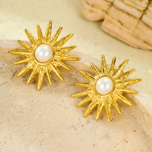 Vintage French style sun flower gold earrings with white pearl centers on stone base
