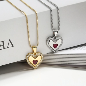 Copper Gold Plated Heart Pendant Necklace With Red White Zircon Accents Fine Jewelry For Women Romantic Gift