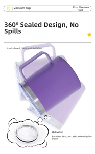 Detail of 12oz purple vacuum insulated mug featuring 360-degree leakproof sliding lid