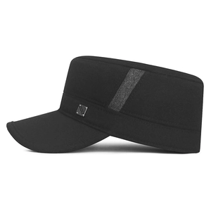 Men's thermal flat top army cap in black with side metal buckle and fleece lining