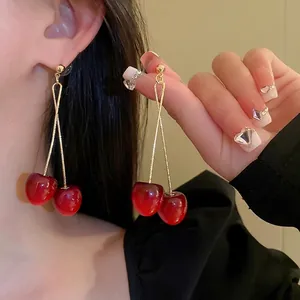 Sweet Red Cherry Dangle Earrings With 925 Sterling Silver Earring Post Alloy Gold Chain Fruit Jewelry For Women