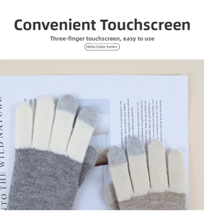 Close-up of three-finger touchscreen tips on gray knitted wool gloves for winter use