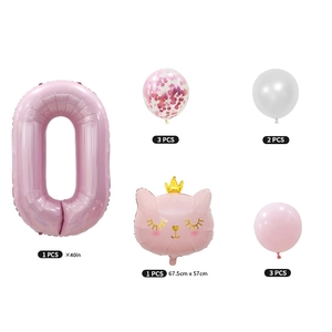 Set de ballons chat rose chiffre 0 avec chat couronne et ballons à confettis de fête