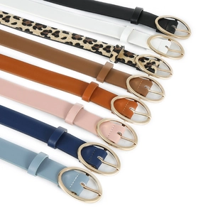 Women's leopard and solid PU belts with oval gold buckles in eight stylish colors