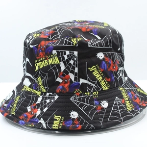 Close-up of the Spider-Man comic print on a reversible cotton black bucket hat