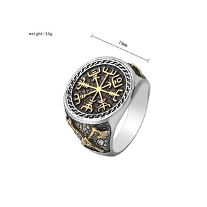 Detailed view of 18mm Viking compass ring with antique silver finish and gold emblem