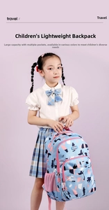 Macro shot of large capacity school backpack with blue and pink geometric patterns