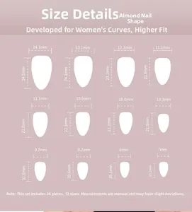Size chart showing 24pcs almond shape press-on nails with 12 different width measurements