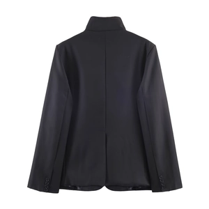 Back view of black stand collar blazer with center seam and buttoned cuffs for women