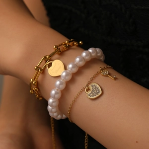 Ensemble De Bracelets En Acier Inoxydable Pendentif Coeur Clé Künstliche Perle D'imitation Chaîne U-Link Bijoux Pour Femmes