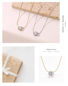 Macro view of a round-cut solitaire diamond necklace featuring classic six-prong setting