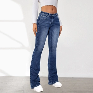 Slim fit flared blue denim jeans for women with vintage washed finish and subtle whiskers