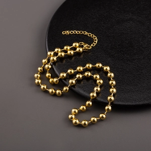 Polished 18K gold-plated stainless steel bead chain necklace with lobster clasp