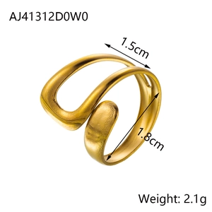 Polished golden stainless steel teardrop open ring with size and weight dimensions
