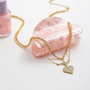 Double-layered 18K gold-plated stainless steel necklace with heart pendant and zirconia