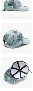 Detailed view showing camouflage denim baseball cap texture, metal buckle and inner lining