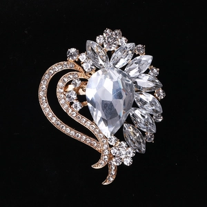 Sparkling crystal flower brooch with water drop gemstone on golden alloy base