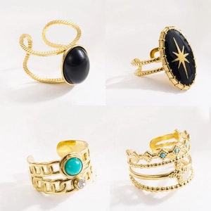 Vintage gold plated stainless steel open rings set with natural stone and North Star motif