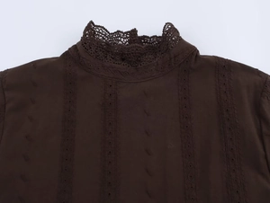 Detailed view of dark brown lace stand collar and vertical embroidery on women's top