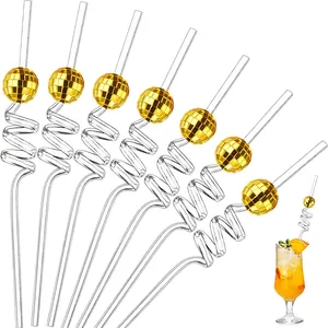 Pack of 7 spiral PETG straws with golden mirror disco ball decorations for party drinks