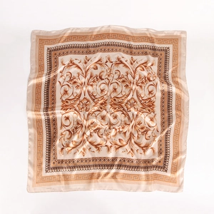 Baroque champagne gold satin silk square scarf with vintage scroll and Greek key patterns