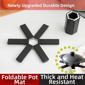 Foldable black heat-resistant pot mat shown in both expanded and compact storage forms