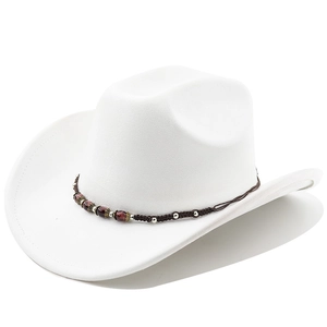 Detail of white suede jazz hat with woven band featuring brown and silver beads