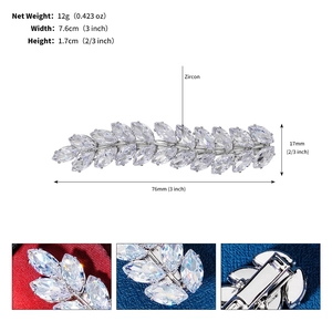 Macro view of wheat leaf hair clip with zircon inlay and detailed size specifications