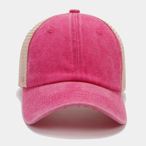Detail of rose red washed cotton baseball cap with breathable mesh back panel