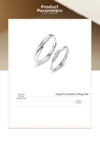 Detail view of silver Cupid Feather couple rings with specifications for men and women