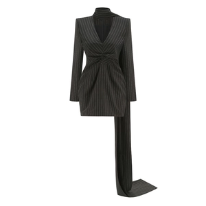 Close-up of black striped blazer dress featuring v-neckline and waist pleat detail