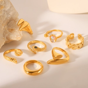 Set of minimalist 18K gold plated stainless steel rings featuring geometric and snake designs