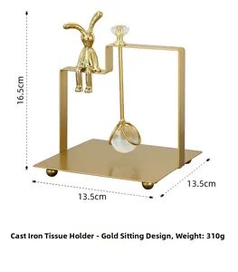 Detail view of golden cast iron rabbit napkin holder with dimensions 16.5cm and 310g weight