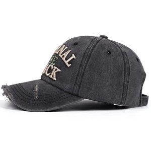 Vintage washed dark grey denim baseball cap with distressed brim and 3D letter embroidery