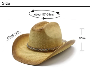 Size chart showing 9cm brim and 57-58cm circumference for straw cowboy hat