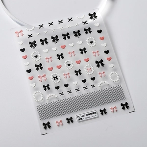 3D embossed nail stickers featuring pearl bows and black grid patterns, model TS-2403