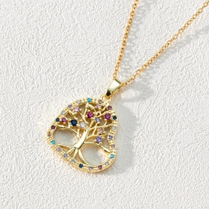 18K gold plated Tree of Life heart pendant necklace with colorful zircon stones
