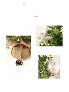 Detail of Christmas tree with gold star, silver baubles, pine cones and burlap base