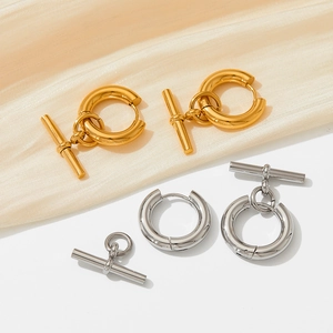 French vintage geometric T-bar pendant hoop earrings in polished gold and silver finishes