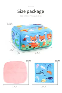 Size chart for baby sensory tissue box toy with dinosaur and alphabet fabric cloths