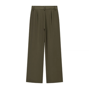 Deep olive green wide-leg trousers with elegant drape and high-waist professional cut