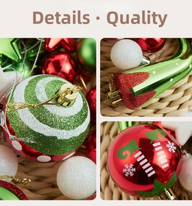 Close-up of assorted Christmas ornaments with matte, glossy, and glitter finishes