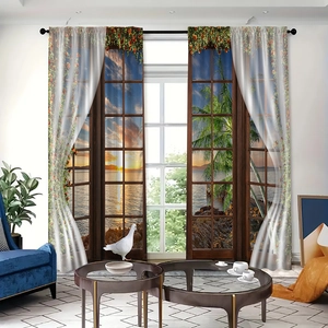 Detail of 3D landscape curtain showing realistic ocean sunset and palm trees view