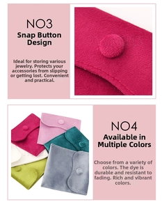 Detail showing colorful velvet jewelry pouches with snap button closure and flap design
