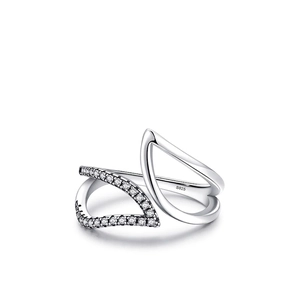 S925 sterling silver open ring with asymmetrical teardrop design and pavé cubic zirconia