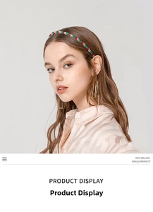 Detail of red and green beaded headband with gold earrings on a model in profile