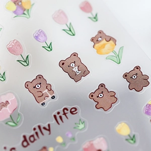 Adhesive nail stickers with cartoon brown bears and tulips for manicures and scrapbooking