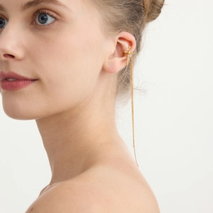 Gold stainless steel cross ear cuff with long tassel chain and white zircon accents