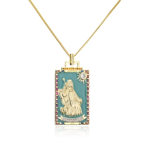 Detailed view of Empress tarot card pendant in 18k gold plating with colorful zircon stones